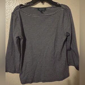 Lauren Ralph Lauren Navy & White Striped Boatneck Top Lauren 3/4 Sleeve Cotton